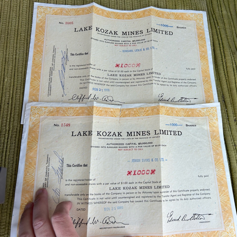 Vintage stock certificates for collectors Kozak mines Scripophily
